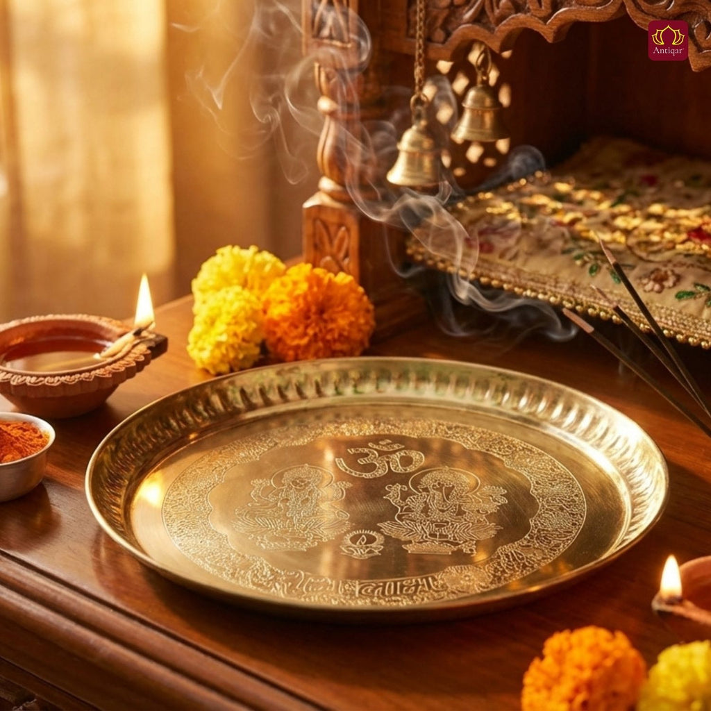 Brass Pooja Plate - 18cm diameter | Etched Design with Ganesh Laxmi, Diya & Shubh Labh | Ideal for Temple & Home Rituals