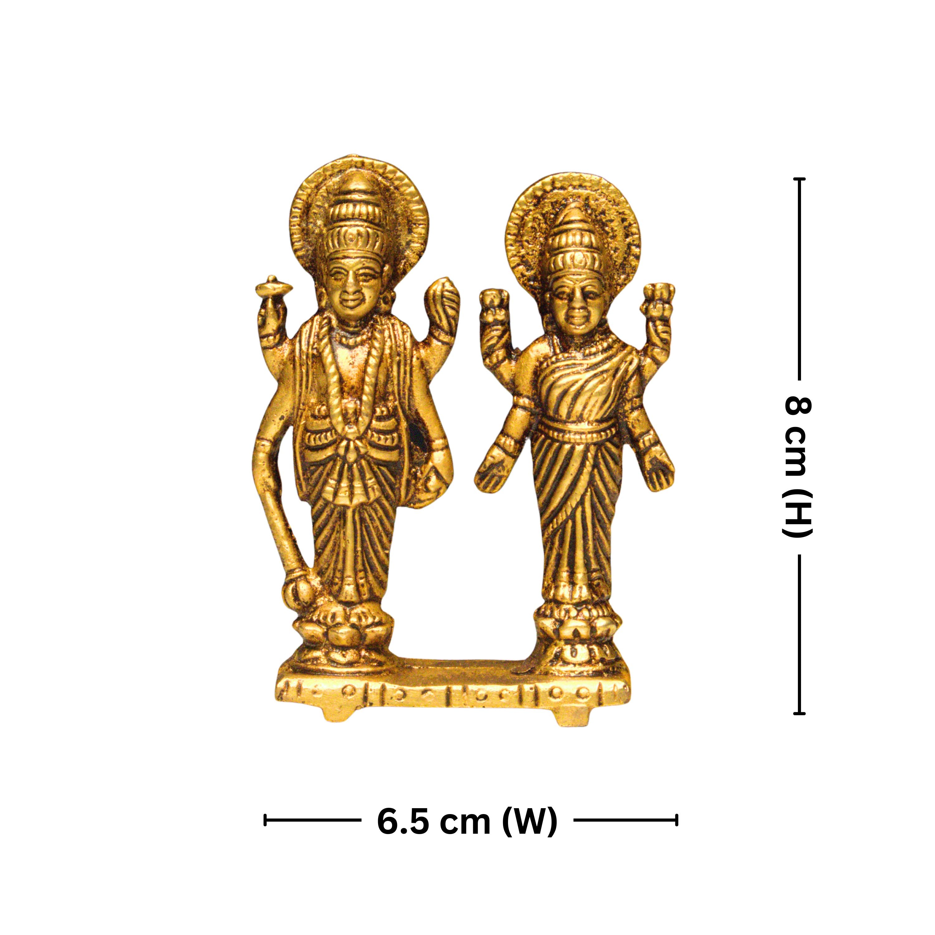 Brass Laxmi Narayan pair Idol - 8cm | Standing on Lotus | Antique Finish | Spiritual Idol for Temple & Home Decor