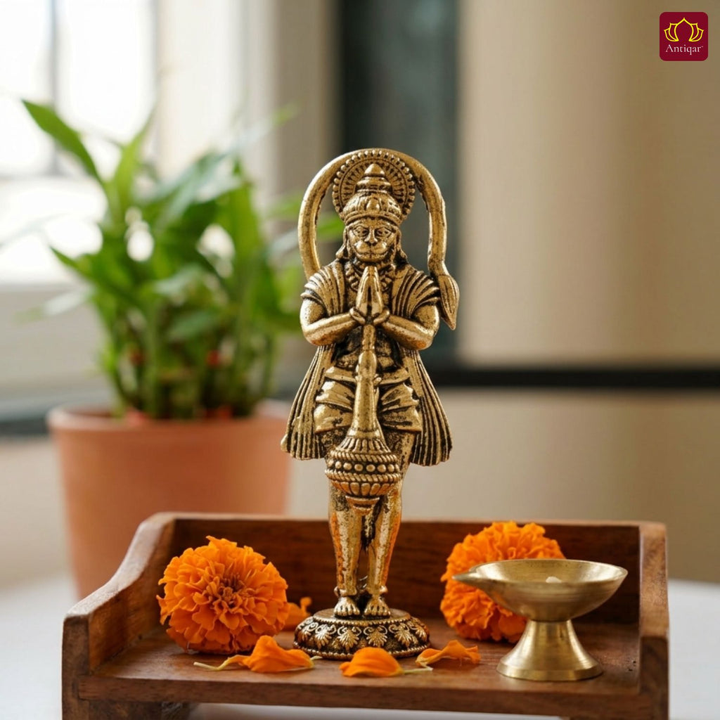 Brass Standing Hanuman Ji Idol - 7.5cm | Golden Finish | Handcrafted Statue for Temple, Home Decor & Car Dashboard