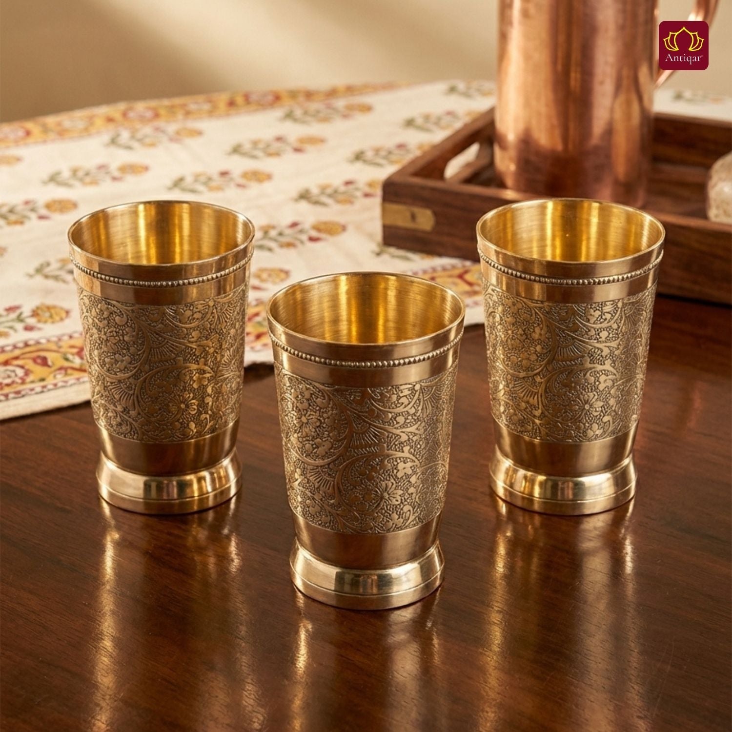 Brass Etching Design Glass - 10.5cm | Serve water & Milks | Antique Golden Finish | Traditional Mughlai Style use for serving in Kitchen, Festivals and Restaurents  (Pack of 3 set)