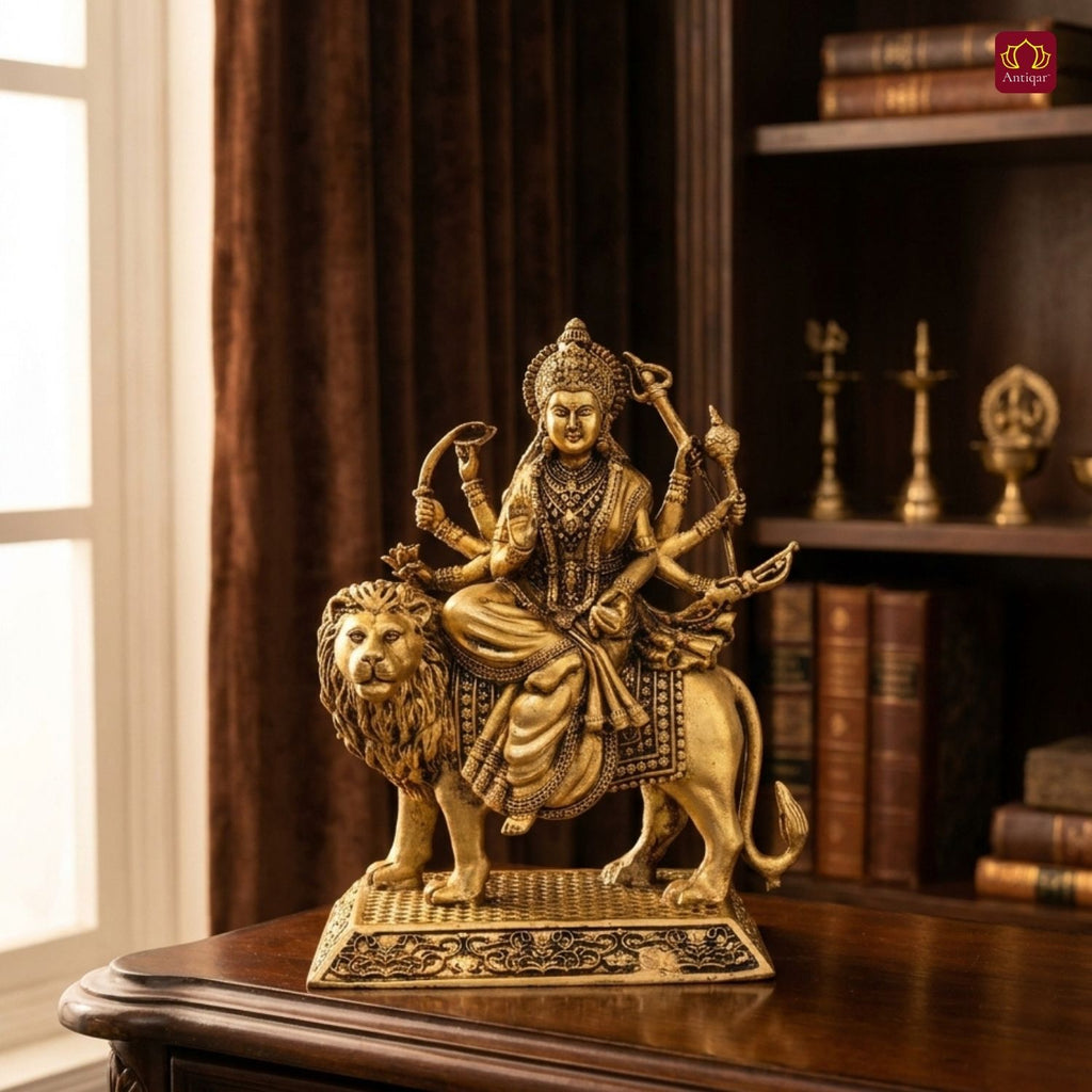 Brass Sherawali Maa Idol - 10.5cm | Antique Golden Finish | Spiritual Idol for Temple & Home Decor