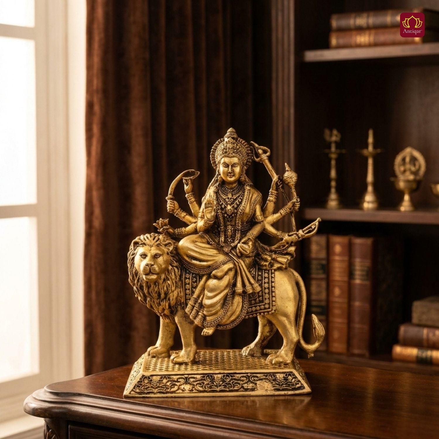 Brass Sherawali Maa Idol - 10.5cm | Antique Golden Finish | Spiritual Idol for Temple & Home Decor