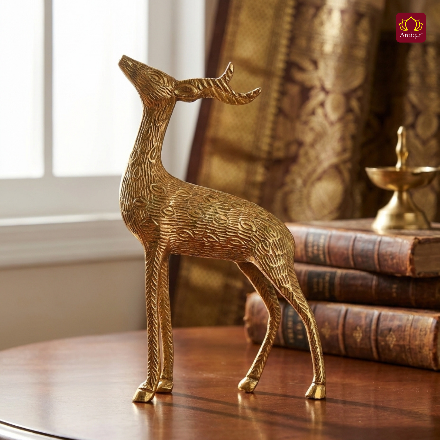 Antiqar Brass Deer Figurine with Antlers | Premium Superfine Finish | Handcrafted Artwork | Home & Office Décor | Ideal for Gifting