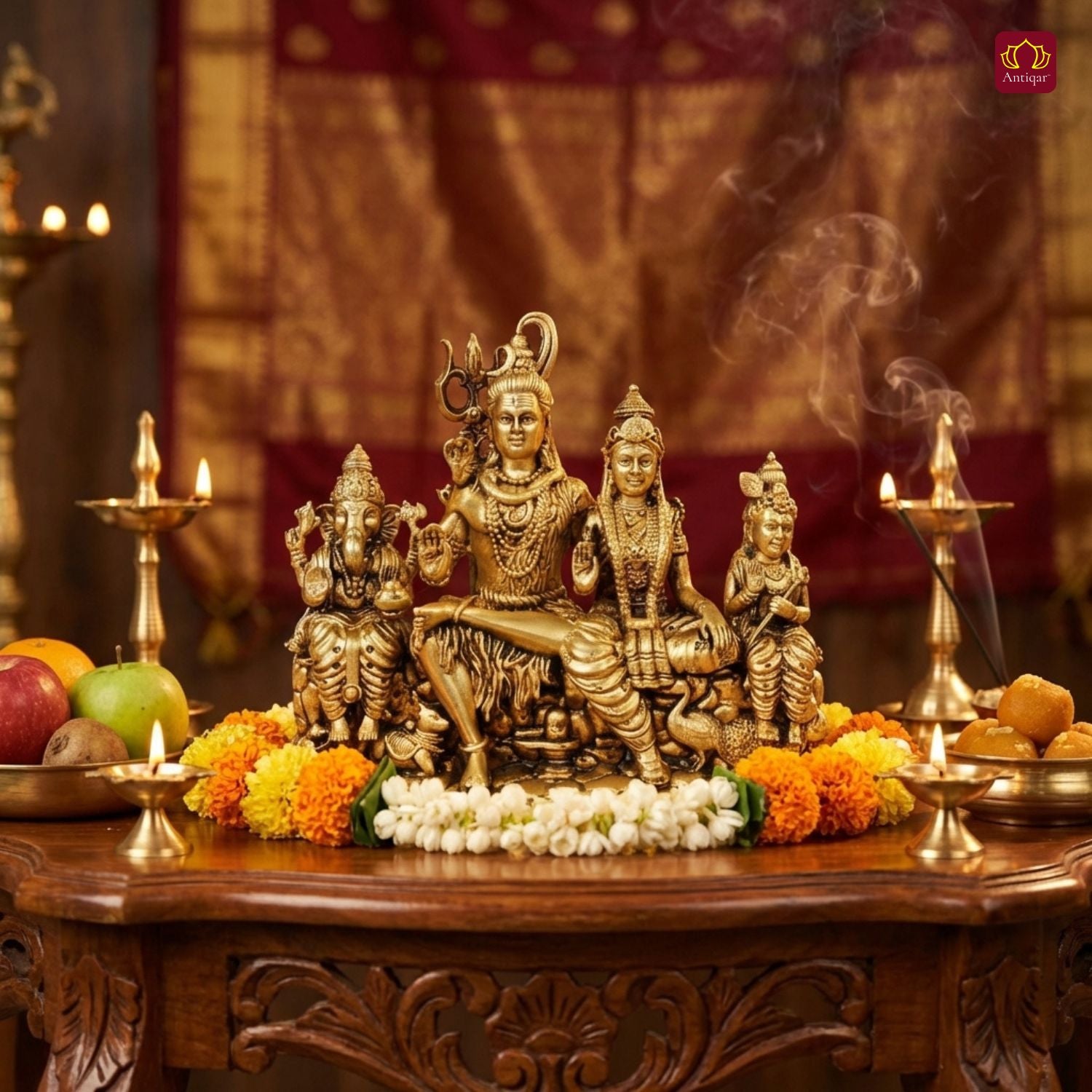 Brass Shiv Parivar Idol - 9cm | Antique Golden Finish | Spiritual Idol for Temple & Home Decor