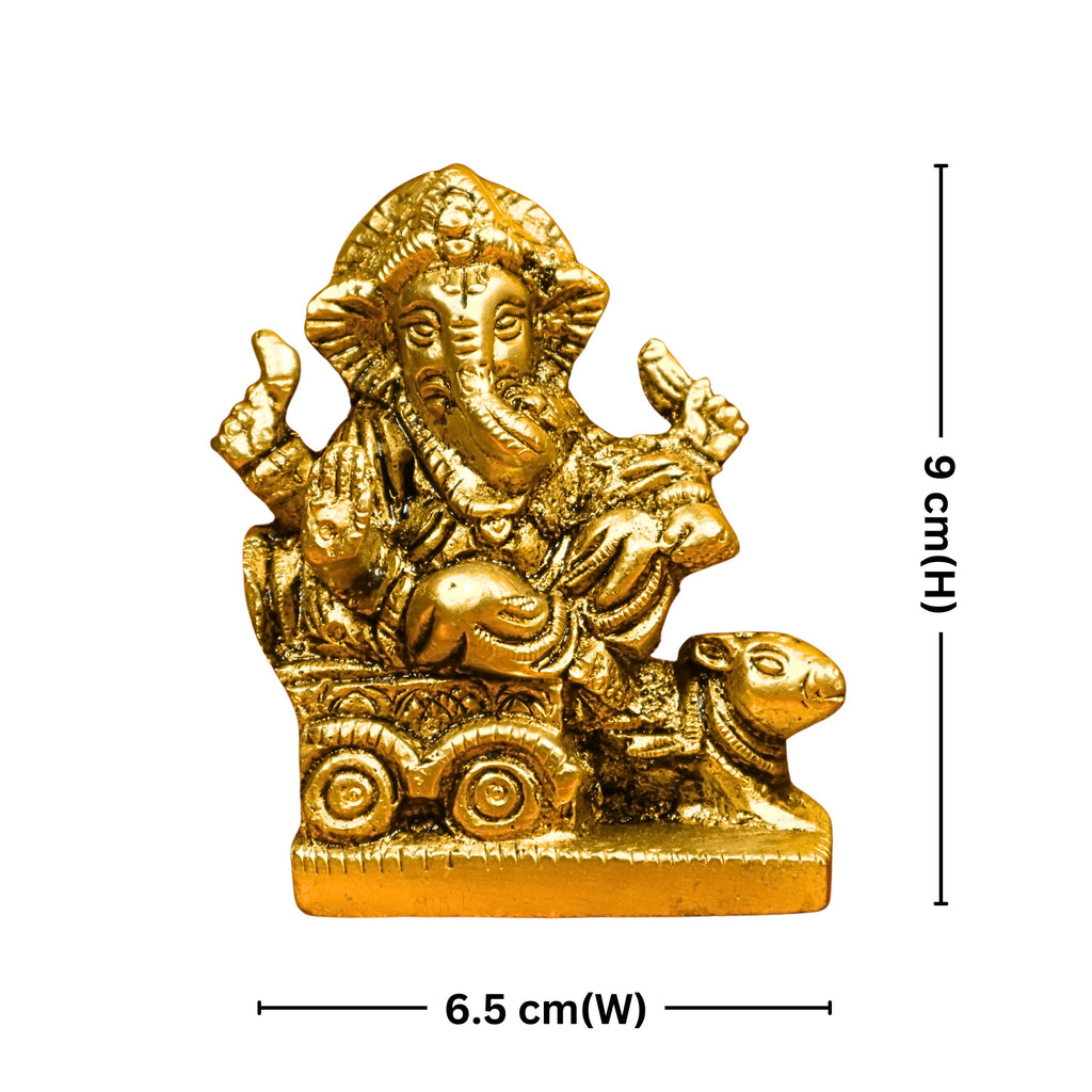 Brass Ganesh Ji on rat-Drawn Chariot – 9 cm | Antique Golden Finish | Handcrafted Idol for Temple, Home & Table Decor