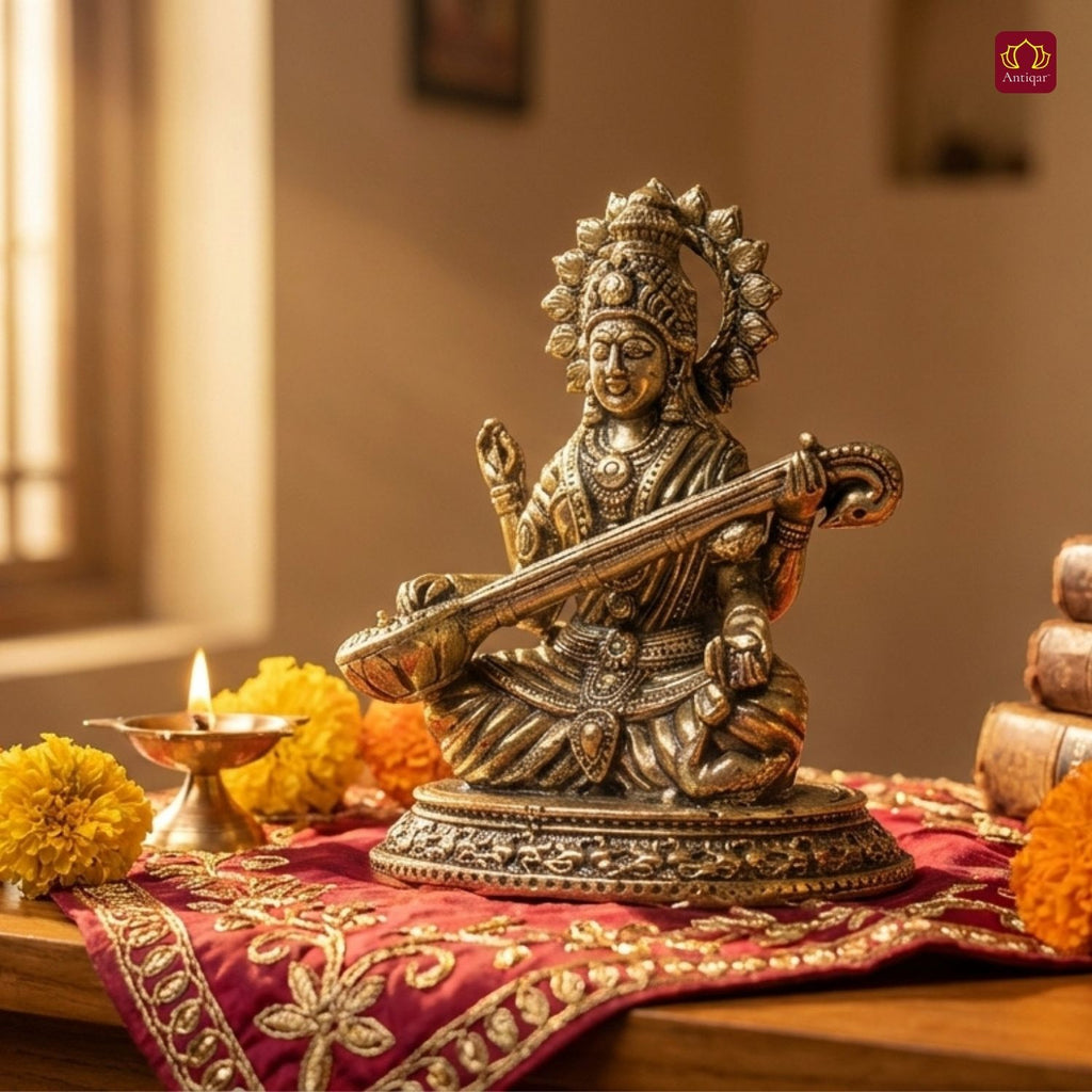 Brass Saraswati Idol - 6.5cm | Antique Finish | Spritual use for Home,Temple & Car Dashboard Decor