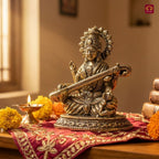 Brass Saraswati Idol - 6.5cm | Antique Finish | Spritual use for Home,Temple & Car Dashboard Decor