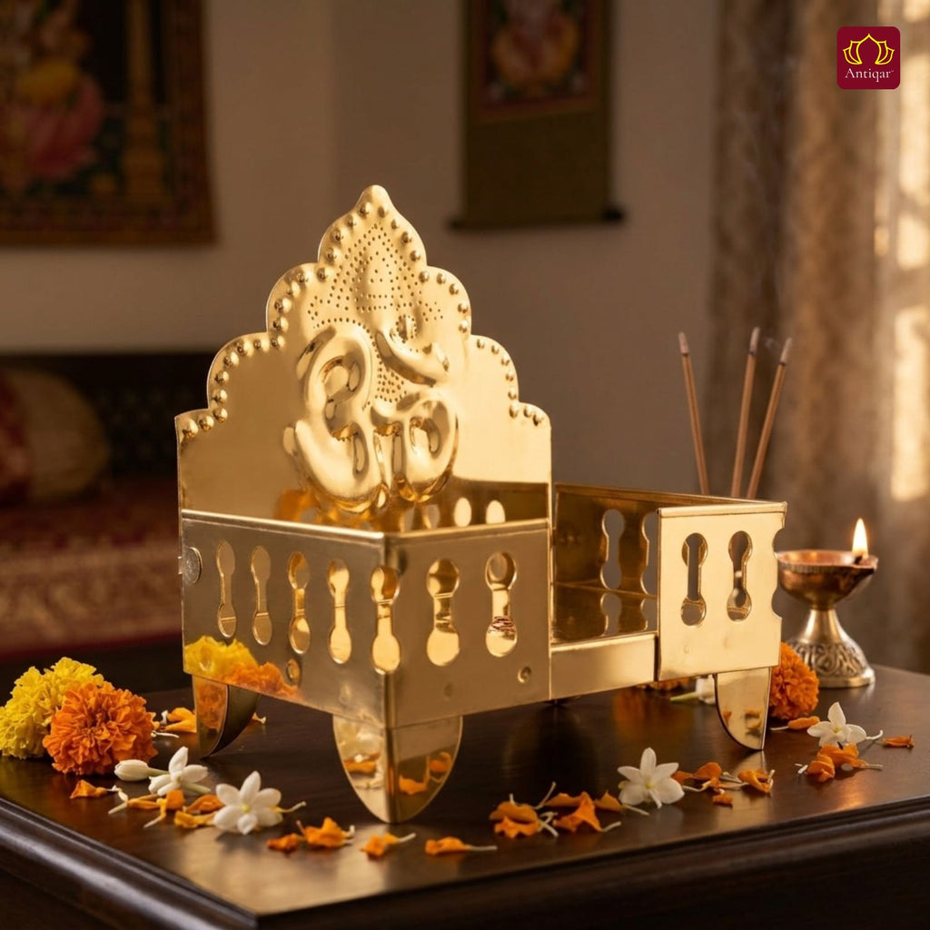 Brass Laddu Gopal Singhasan – 16.5cm | Antique Golden Finish | Handcrafted Medium Size Throne for Temple, Home & Festival Decor