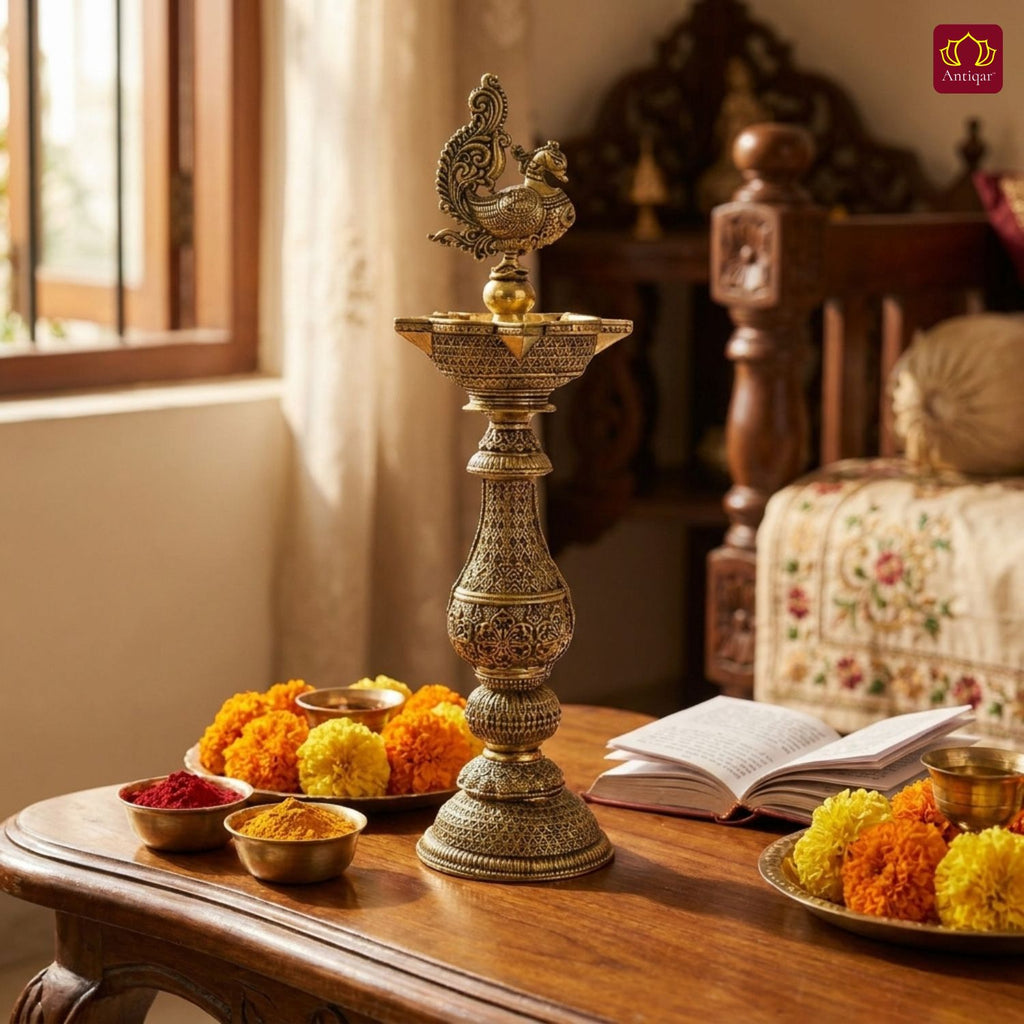 Brass Peacock Oil Lamp –20 cm | Antique Finish | Handcrafted Decor for Temple, Table & Home