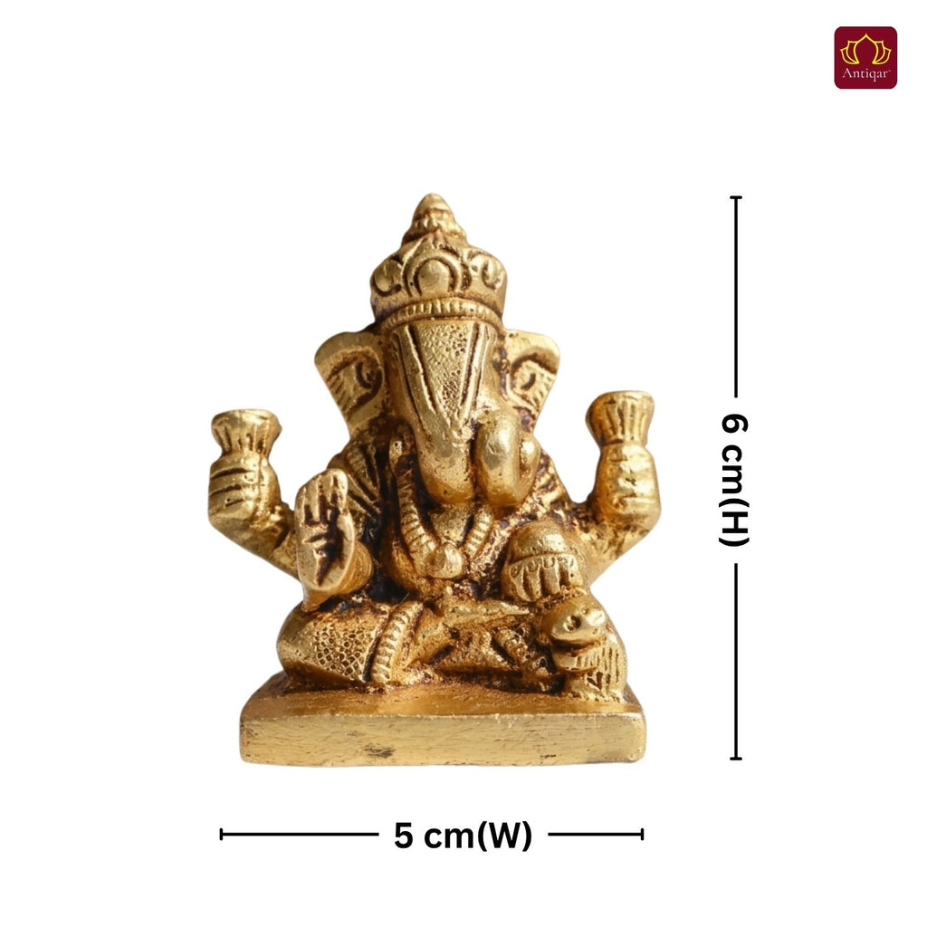 Brass Ganesh Ji Idol – 6 cm | Sitting Position | Antique Golden Finish | Handcrafted Decor for Temple, Home & Festival Use