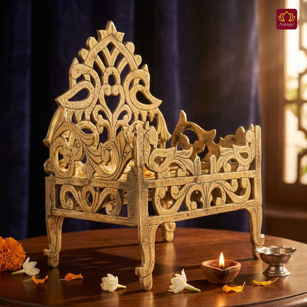 Brass Twin Peacock Embossed Design Laddu Gopal Singhasan – 19cm | Antique Golden Finish | Handcrafted Medium Size Throne for Temple, Home & Festival Decor