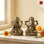Brass Ganesh Laxmi pair Idol - 5cm| Sitting on Lotus | Antique Finish | Spiritual Decor for Temple, Home & Car Dashboard