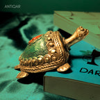 Dhokra Art Brass Turtle – 3 cm | Green Antique Finish | Tribal Handcrafted Showpiece for Temple, Home & Table Decor
