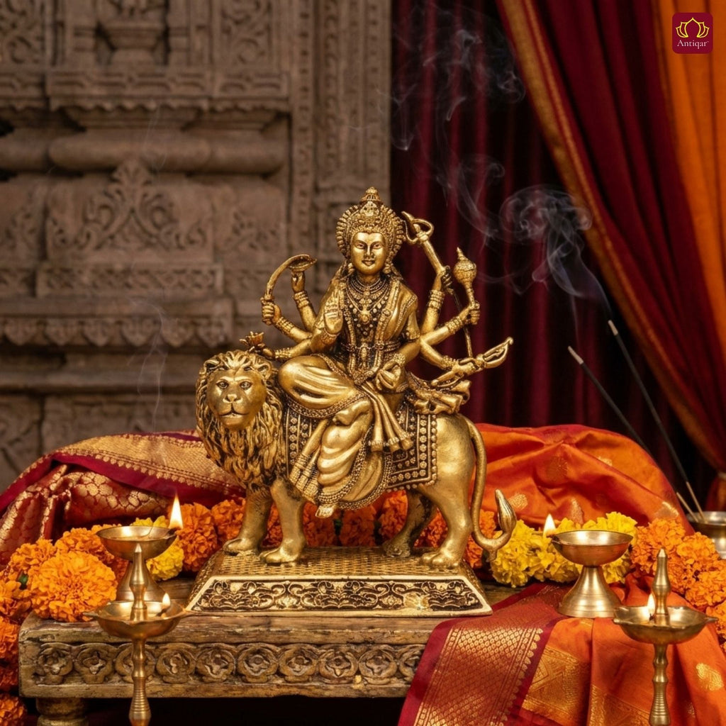 Brass Sherawali Maa Idol - 8cm | Antique Golden Finish | Spiritual Idol for Temple & Home Decor