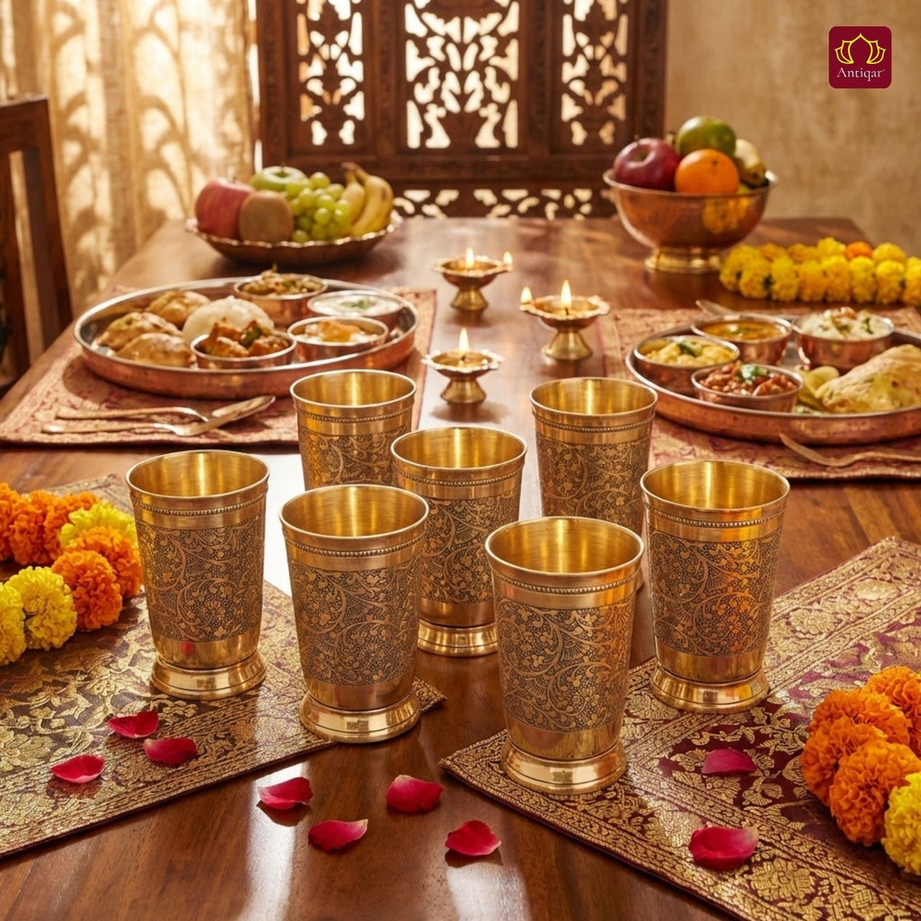 Brass Etching Design Glass - 10.5cm | Serve water & Milks | Antique Golden Finish | Traditional Mughlai Style use for serving in Kitchen, Festivals and Restaurents  (Pack of 6 set)
