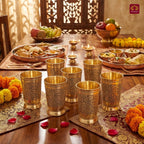 Brass Etching Design Glass - 10.5cm | Serve water & Milks | Antique Golden Finish | Traditional Mughlai Style use for serving in Kitchen, Festivals and Restaurents  (Pack of 6 set)