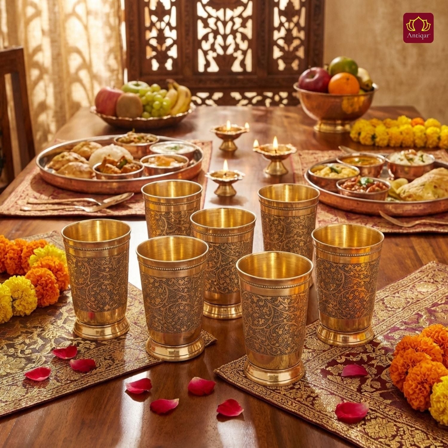 Brass Etching Design Glass - 10.5cm | Serve water & Milks | Antique Golden Finish | Traditional Mughlai Style use for serving in Kitchen, Festivals and Restaurents  (Pack of 6 set)