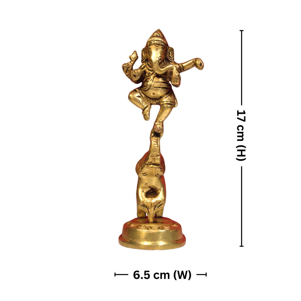 Brass Dancing Ganesha on Elephant Trunk up with Diya - 17cm | Antique Golden Finish | Handcrafted  for Pooja Temple,Home Festval Decor