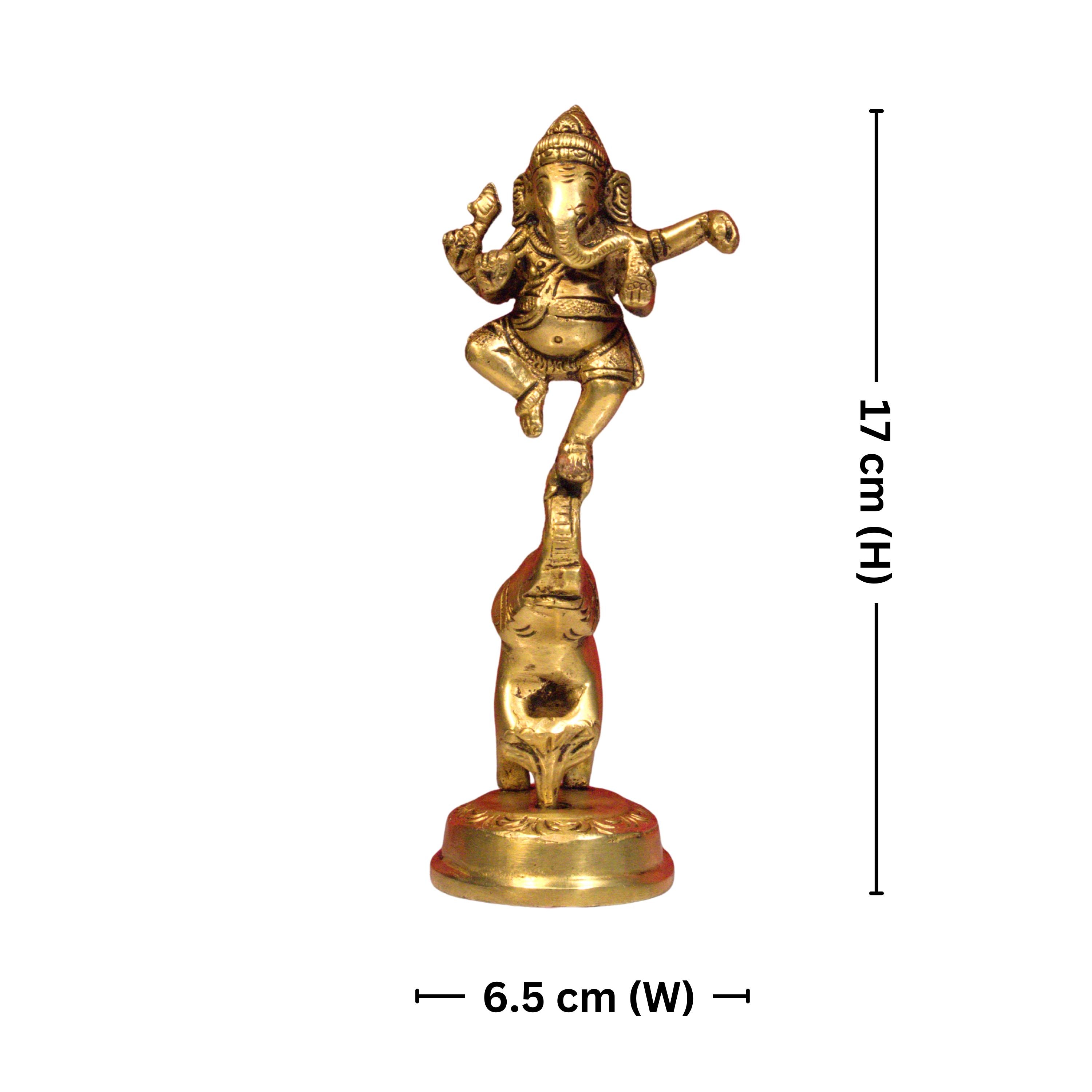 Brass Dancing Ganesha on Elephant Trunk up with Diya - 17cm | Antique Golden Finish | Handcrafted  for Pooja Temple,Home Festval Decor