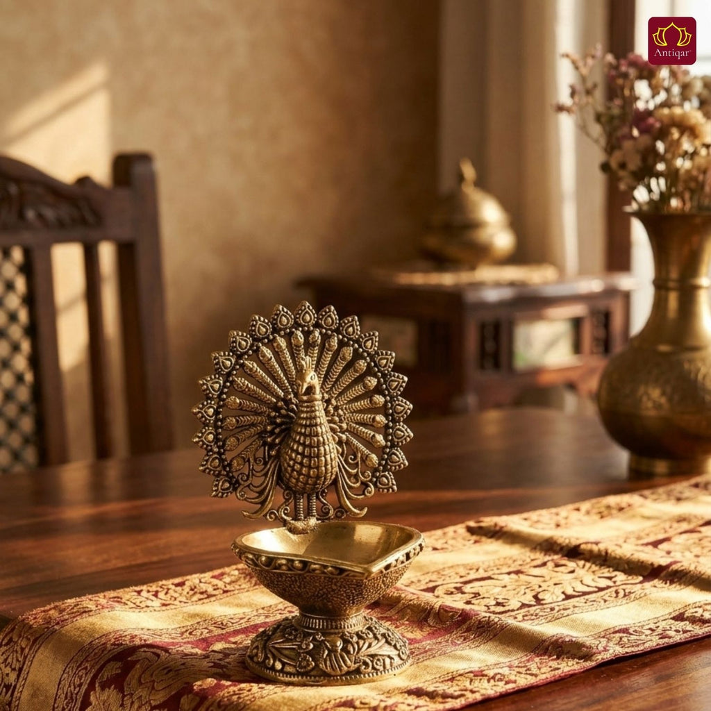 Brass Dancing Peacock on Diya - 7.5cm | Antique Finish | Spritual use for Pooja, Temple & Festival Decor