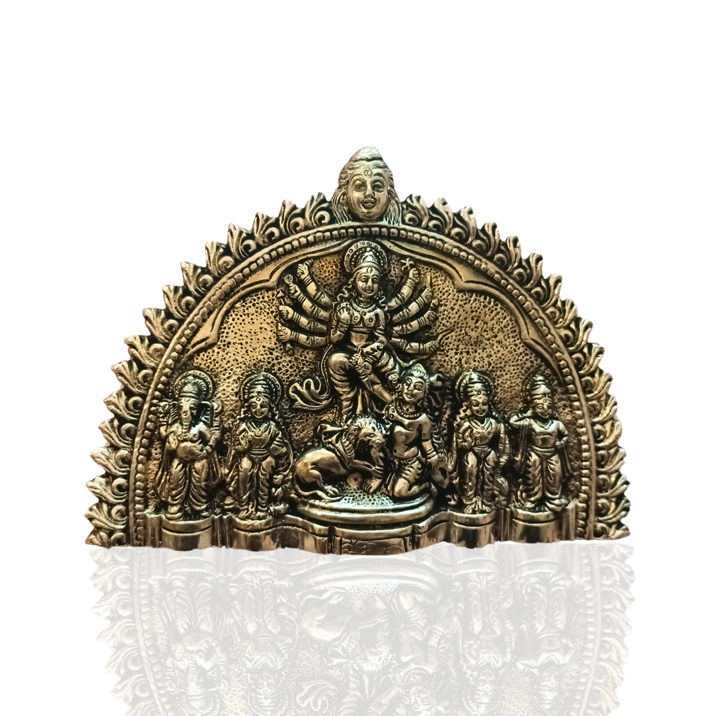 Brass Durga Maa Wall Hanging | Bengali Dashabhuja Style With Lion, Mahishasura, Ganesh, Kartikeya, Lakshmi & Saraswati | Handcrafted for Home & Temple Decor