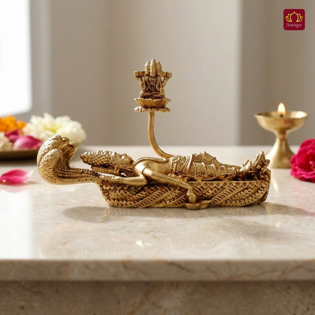 Brass Padmanabha Swamy Idol(Shesha-Shayi Lord Vishnu) - 5cm | Antique Finish | Spiritual Idol for Temple, Home & Car Dashboard Decor