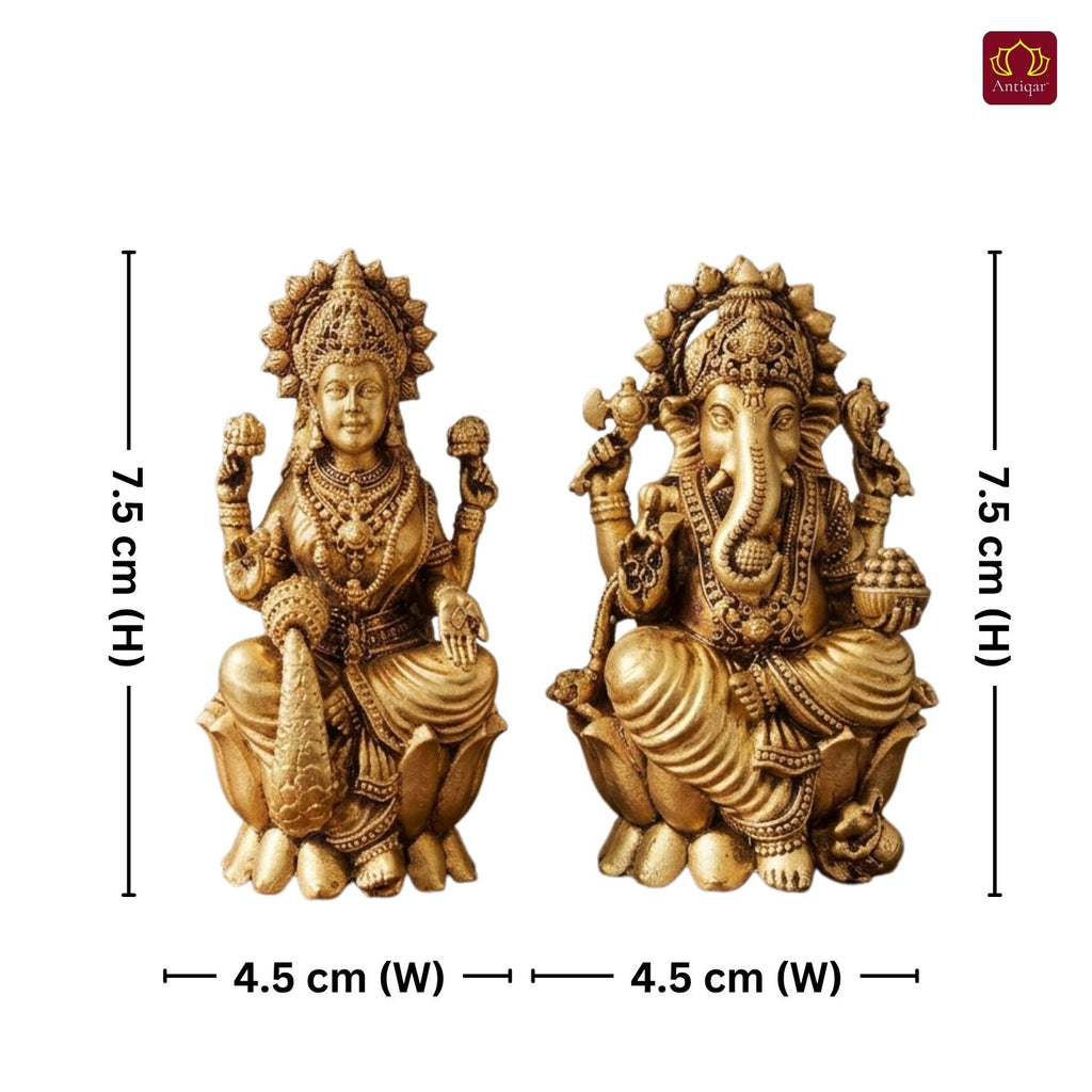 Brass Ganesh Laxmi pair Idol - 7.5cm | Antique Finish | Spiritual Idol for Temple & Home Decor