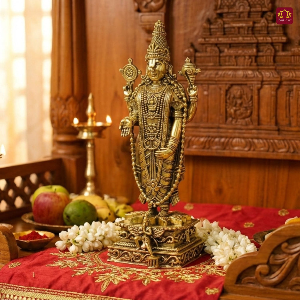 Brass Shree Venkateshwara Ji Idol - 15cm | Golden Finish | Spritual use for Home, Temple & Car Dashboard Decor