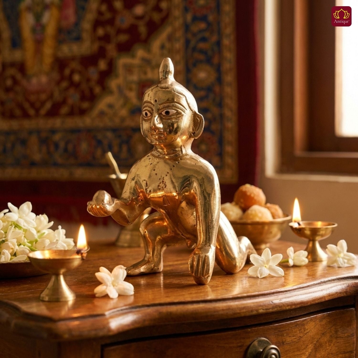 Handcrafted Laddu Gopal Brass Idol - 10cm | Superfine Finish | For Pooja, Temple & Car Dashboard Decor