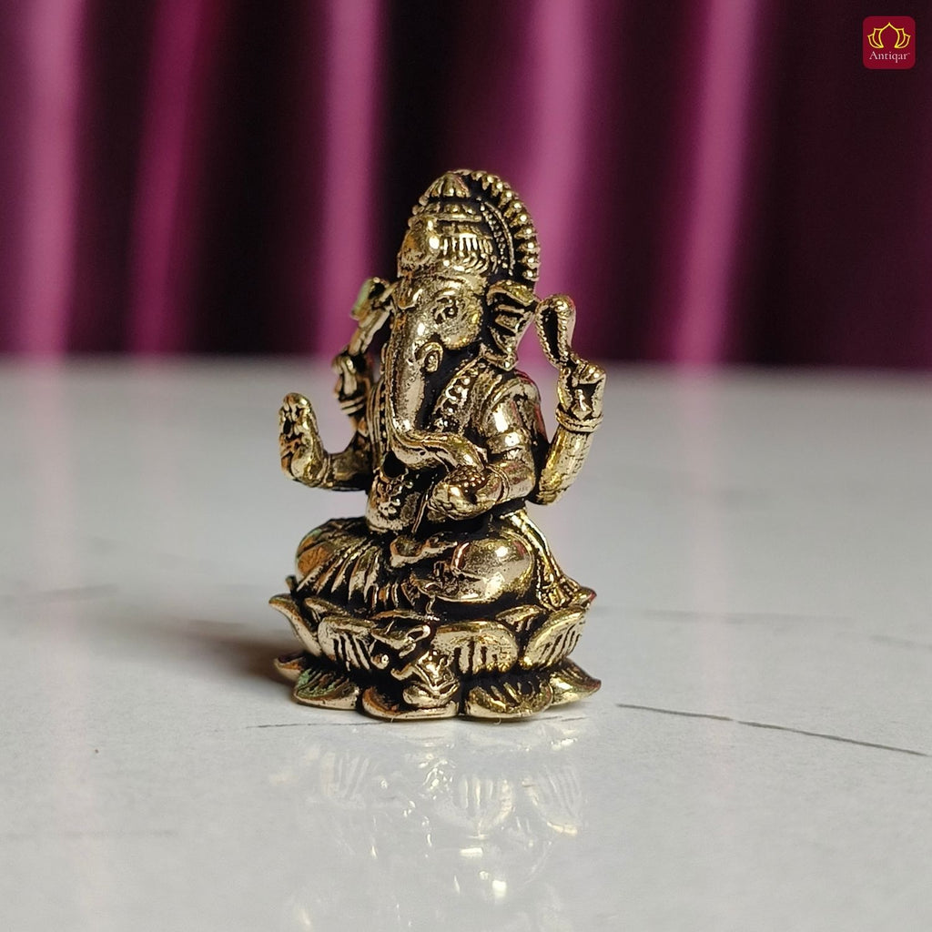 Brass Miniature Ganesh Ji Idol - 2.5cm | Antique Finish | Spritual use for Home, Temple & Car Dashboard Decor