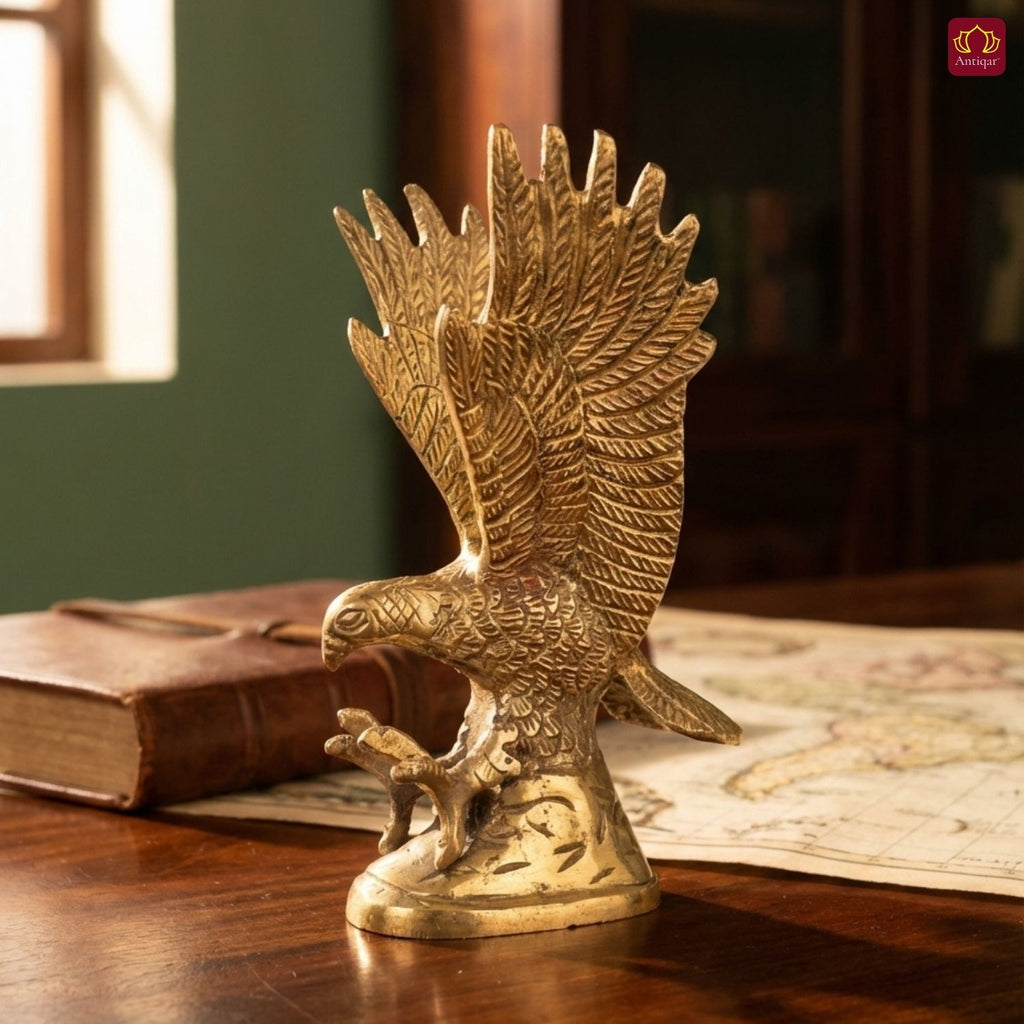 Brass Eagle Showpiece – 16 cm | Upward Wings Sitting on Rock with Carving | Superfine Finish | Handcrafted Decor for Home, Table & Vastu Use