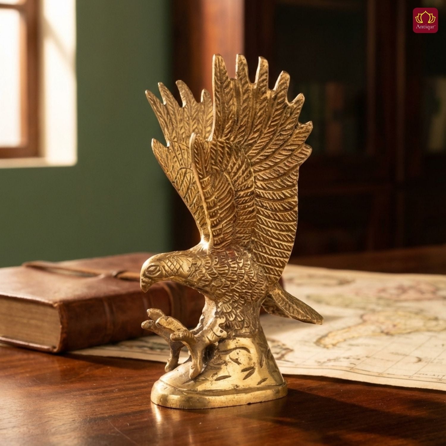 Brass Eagle Showpiece – 16 cm | Upward Wings Sitting on Rock with Carving | Superfine Finish | Handcrafted Decor for Home, Table & Vastu Use