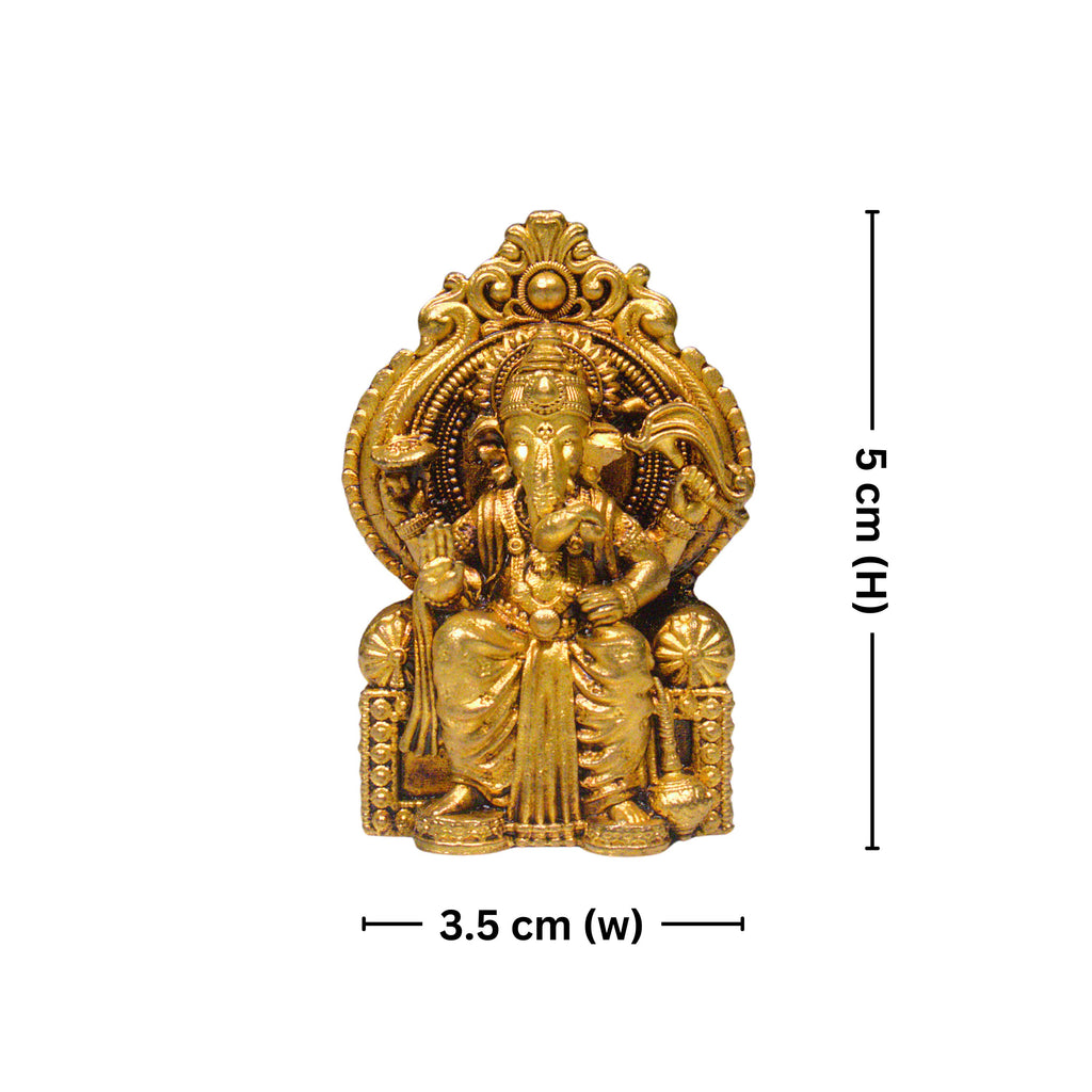 Brass Ganesh Ji Idol - 5cm | Sitting on Singhasan | Antique Golden Finish | Spiritual Idol for Temple & Home Decor