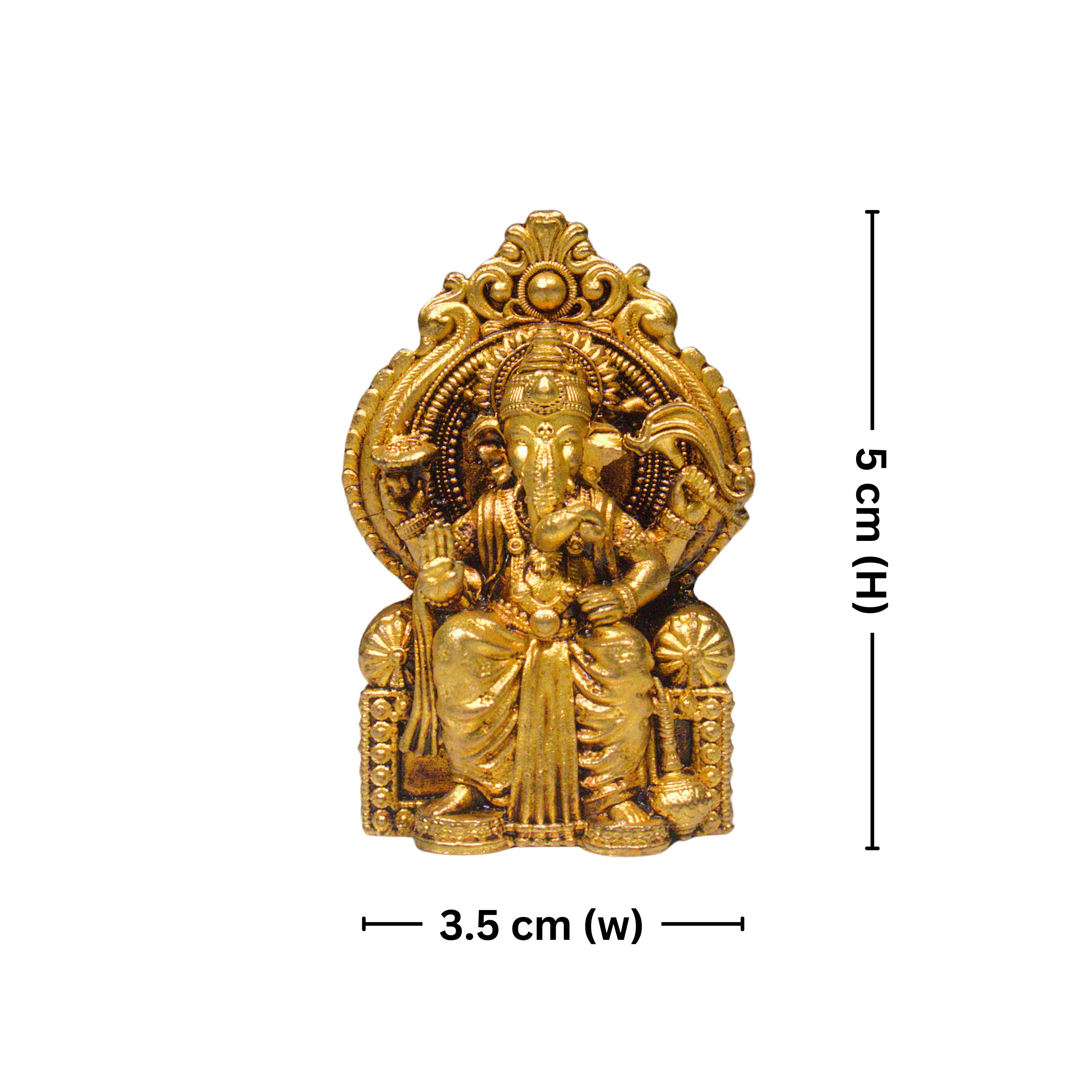 Brass Ganesh Ji Idol - 5cm | Sitting on Singhasan | Antique Golden Finish | Spiritual Idol for Temple & Home Decor