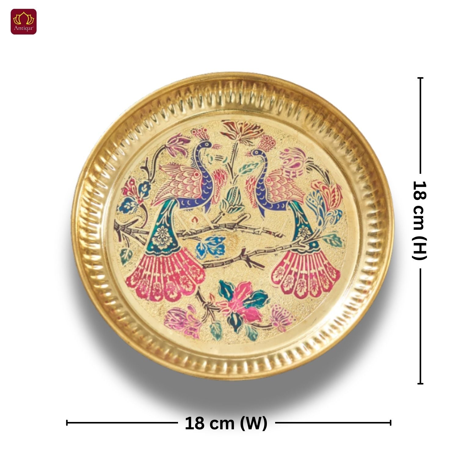 Brass Meenakari Etched Plate – 18 cm | Embossed Peacock & Floral Design | Ideal for Serving Sweets, Fruits & Bhog Offerings