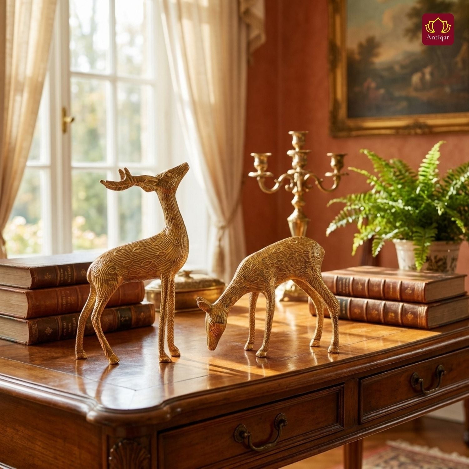 Brass Couple Deer Showpiece -17cm | Premium Superfine Finish | Handcrafted Decor Piece for Living Spaces | Ideal for Gifting