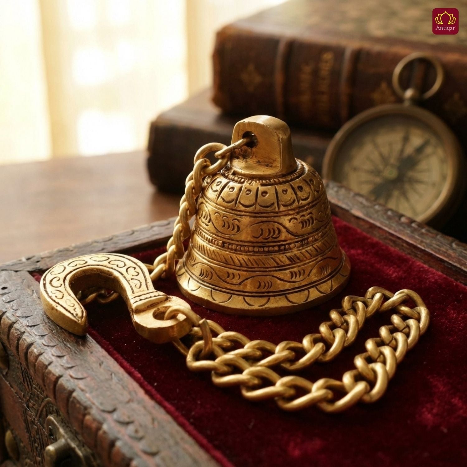Designer Brass Bell with Kunda Chain – 6 cm | Antique Golden Finish | Handcrafted Puja Hanging for Temple, Home & Festival Decor