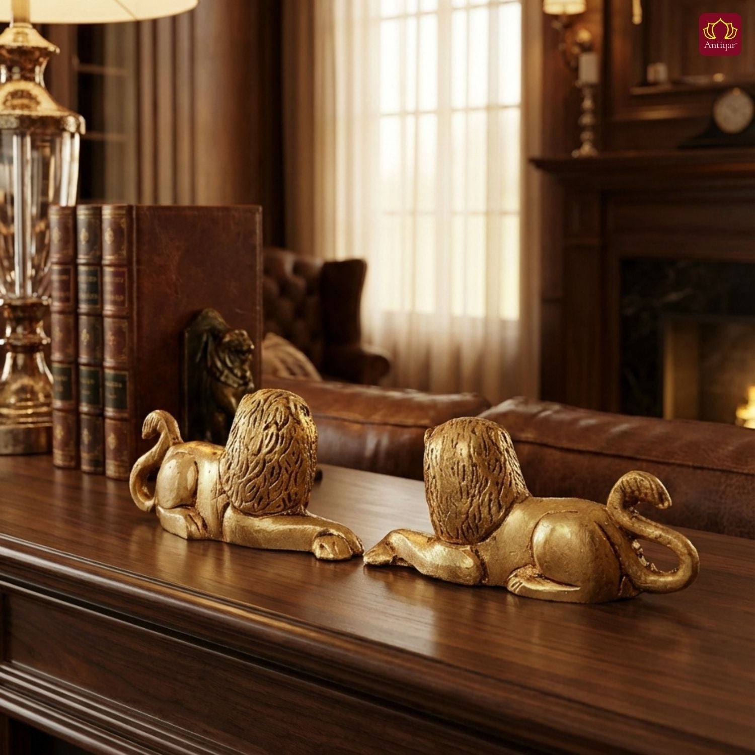 Brass Lion Pair Showpiece – 4 cm | Sitting Position | Antique Golden Finish | Handcrafted Figurines for Home, Table & Vastu Decor