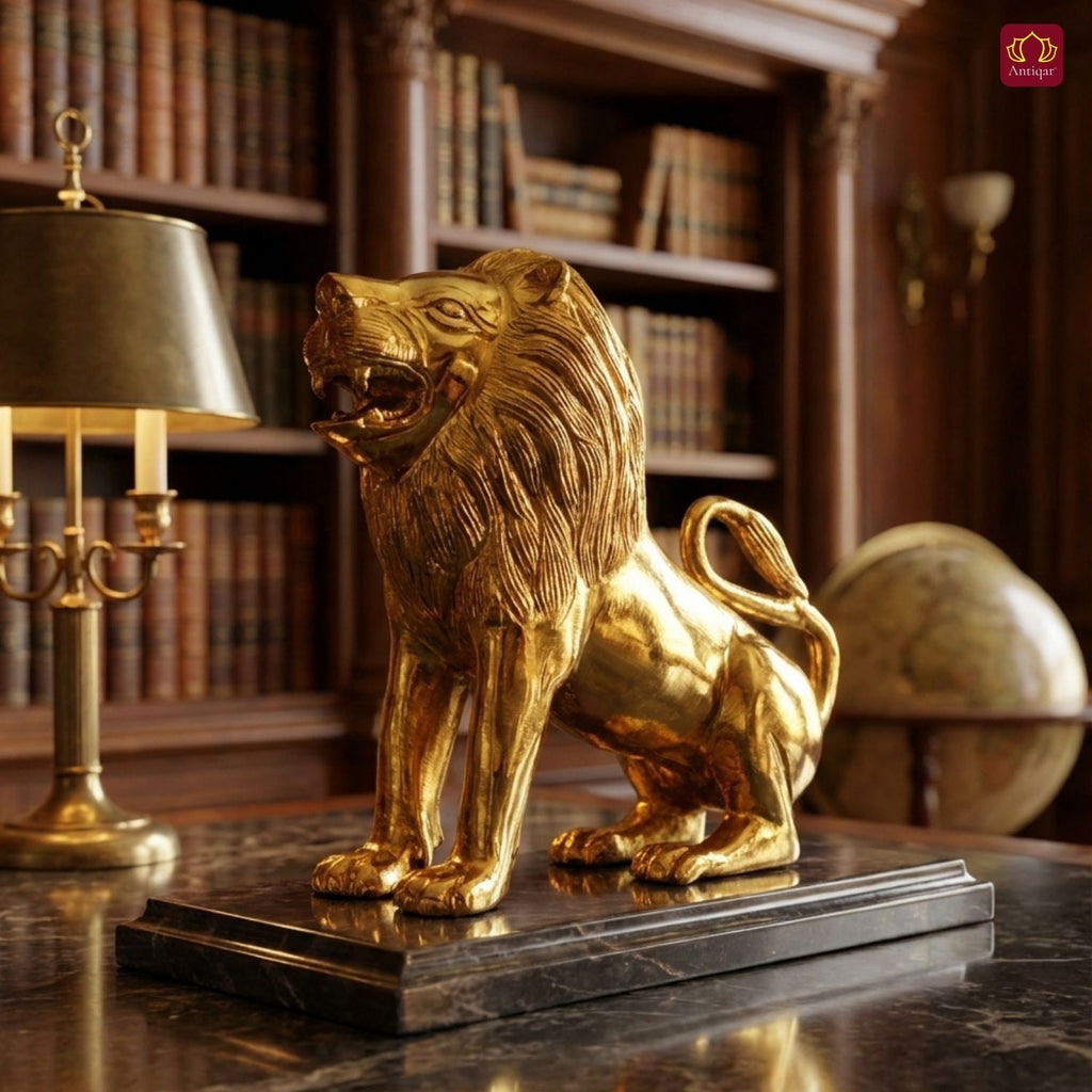 Antiqar Lion Pure Brass Figurine | Handicraft Artwork | Superfine Golden Finish | Home & Office Décor | Ideal for Gifting | Height 20cm