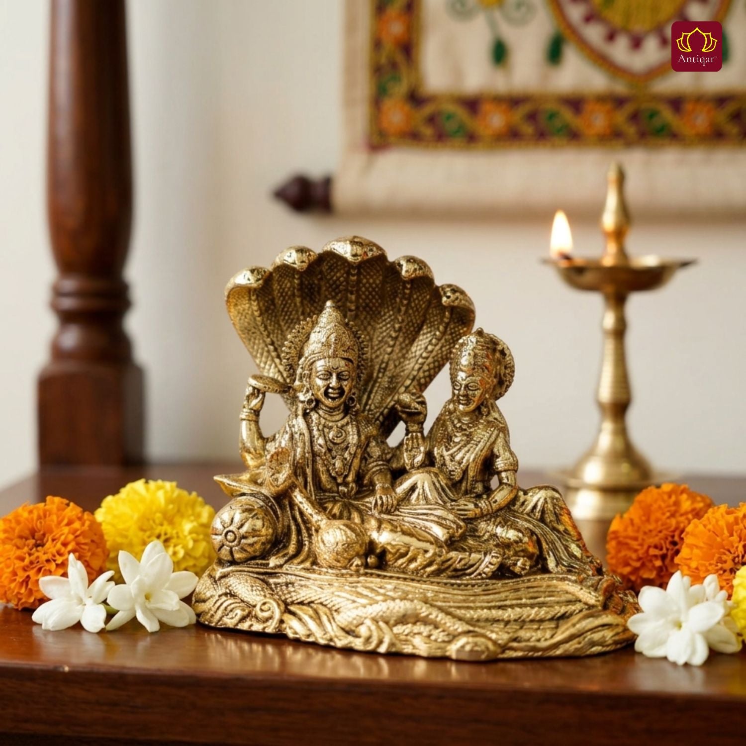 Brass Lakshmi Narayan Idol - 7cm  | Golden Finish | Spiritual Idol for Temple, Home & Car Dashboard Decor