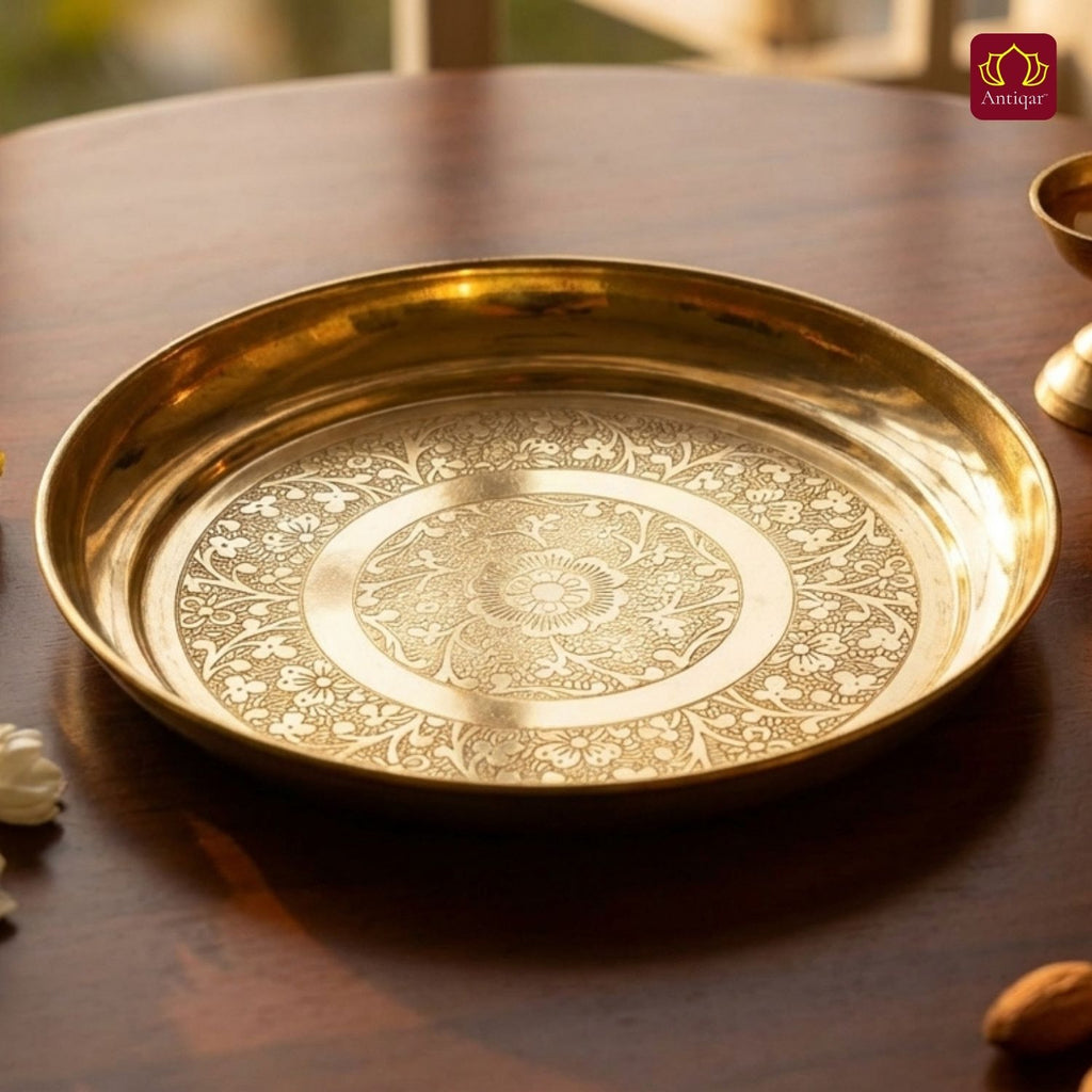Brass Etching Design Plate - 2cm | Serve Main Course items in Lunch & Dinner | Antique Golden Finish | Traditional Mughlai Style use for serving in Kitchen, Festivals and Restaurents