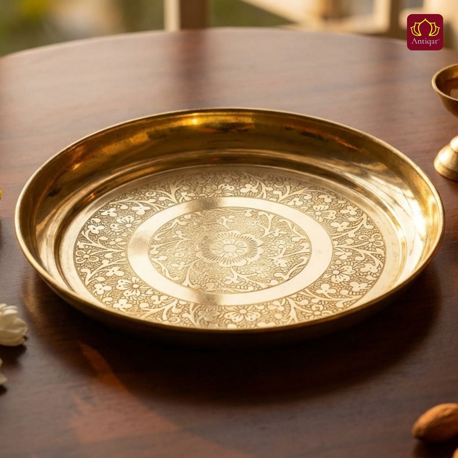 Brass Etching Design Plate - 2cm | Serve Main Course items in Lunch & Dinner | Antique Golden Finish | Traditional Mughlai Style use for serving in Kitchen, Festivals and Restaurents