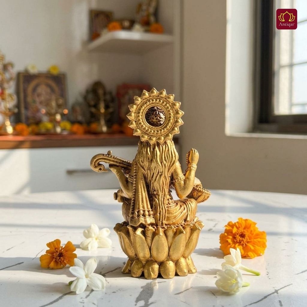 Brass Saraswati Ji Idol - 7.5cm | Antique Golden Finish | Spiritual Idol for Temple & Home Decor