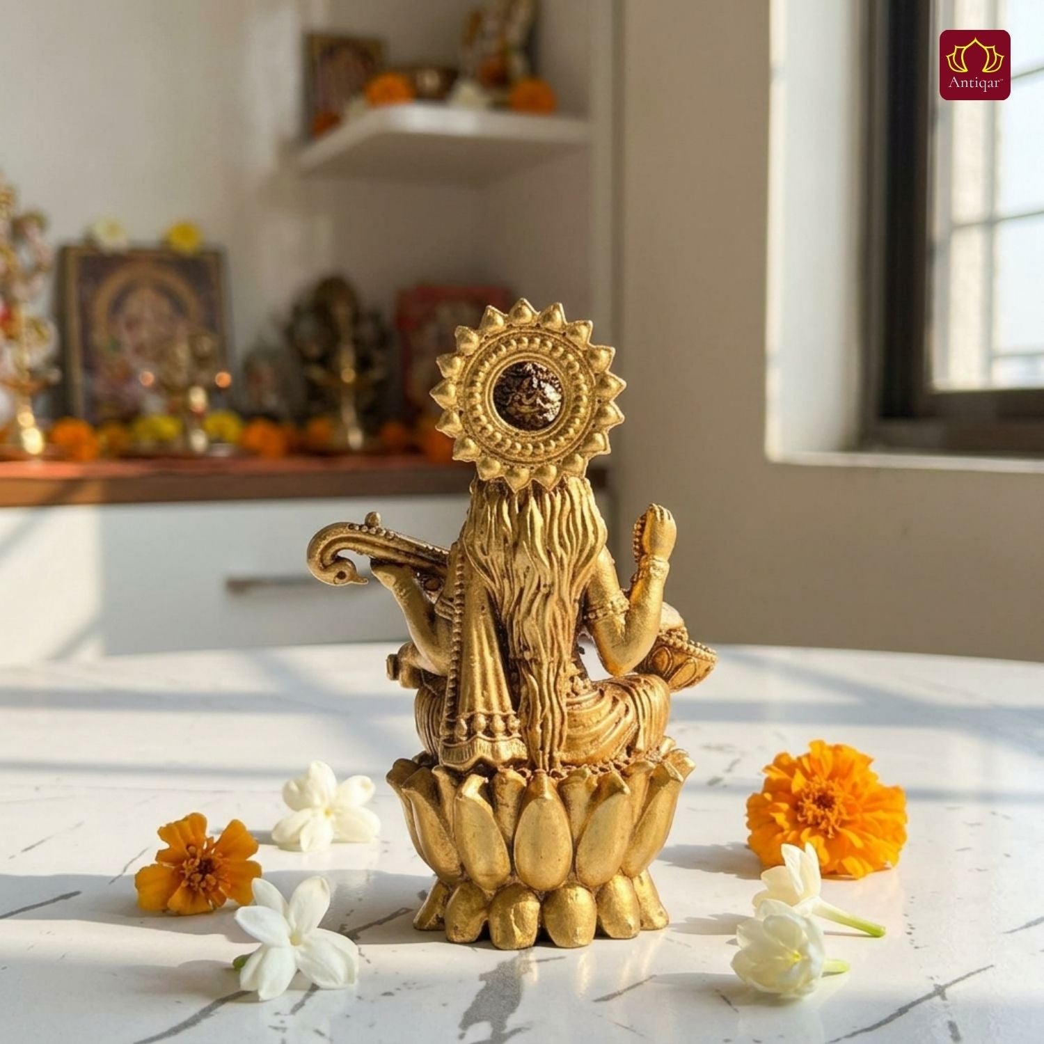 Brass Saraswati Ji Idol - 7.5cm | Antique Golden Finish | Spiritual Idol for Temple & Home Decor
