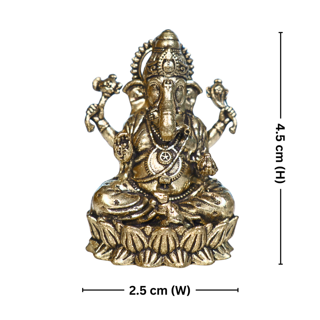 Brass Ganesh Idol - 4.5cm | Antique Finish | Spritual use for Home, Temple & Car Dashboard Decor