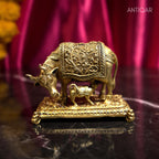 Brass Kamdhenu Cow & Calf Figurine - 4.5cm | Antique Golden Finish | Spritual use for Home, Temple & Dashboard Decor