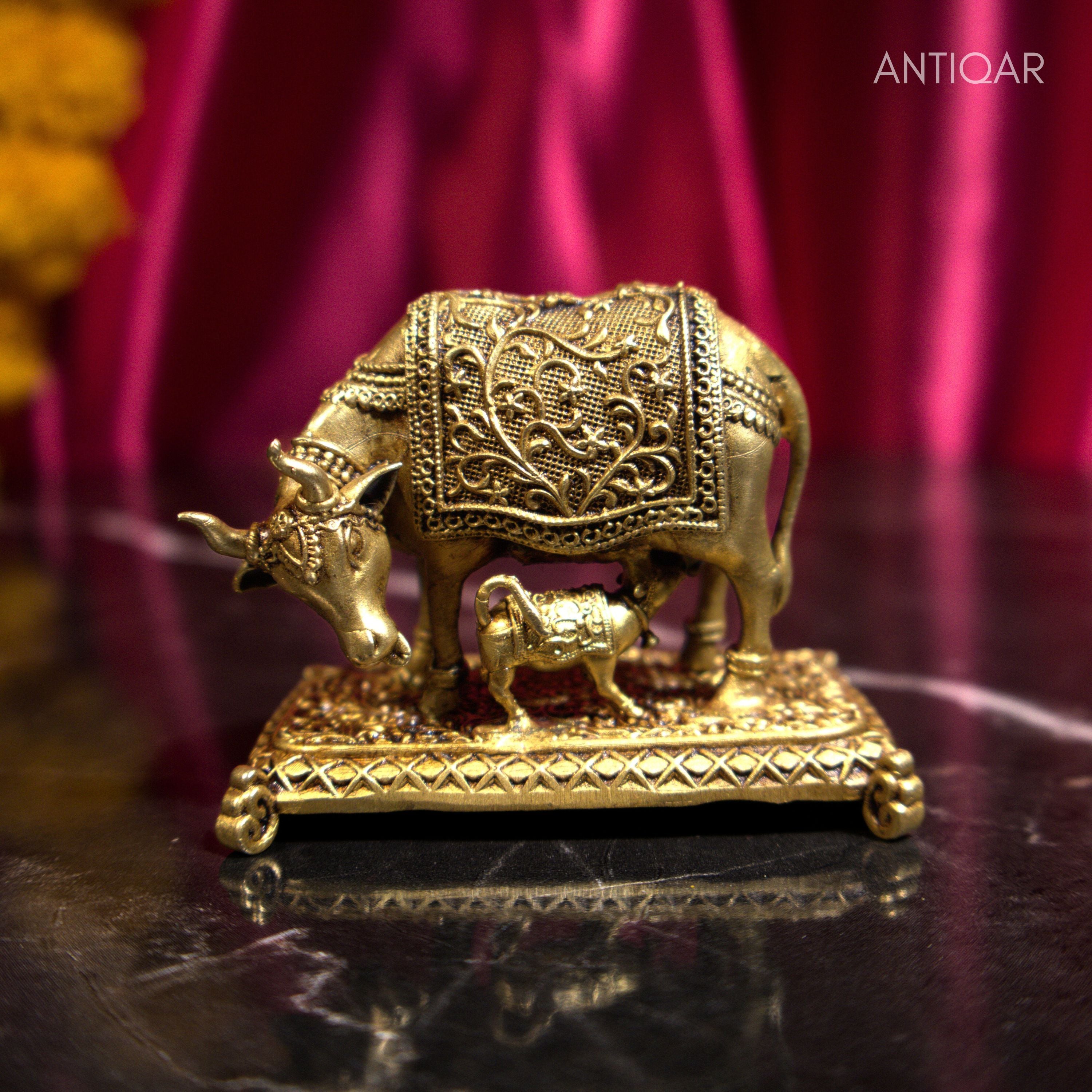 Brass Kamdhenu Cow & Calf Figurine - 4.5cm | Antique Golden Finish | Spritual use for Home, Temple & Dashboard Decor