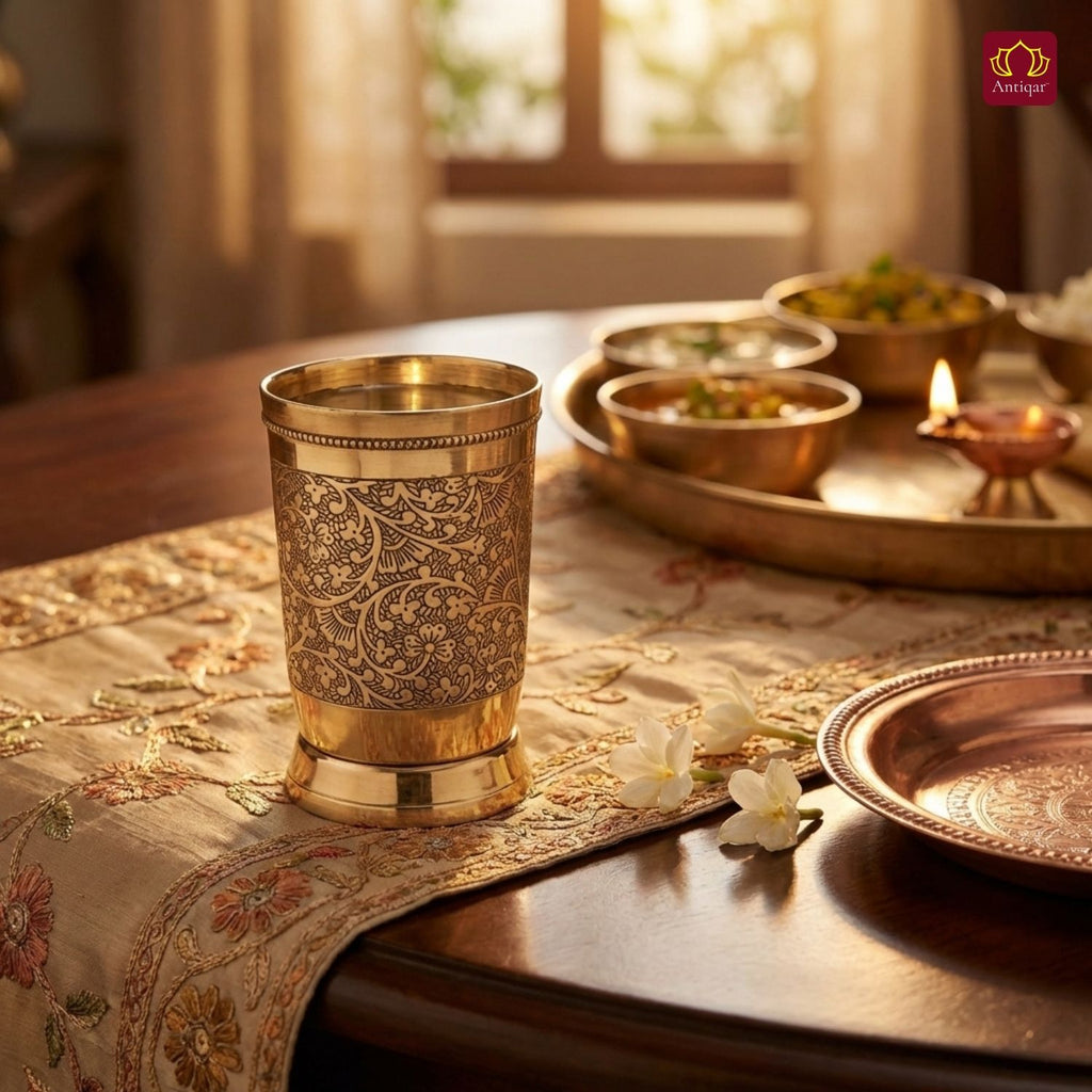 Brass Etching Design Glass - 10.5cm | Serve water & Milks | Antique Golden Finish | Traditional Mughlai Style use for serving in Kitchen, Festivals and Restaurents