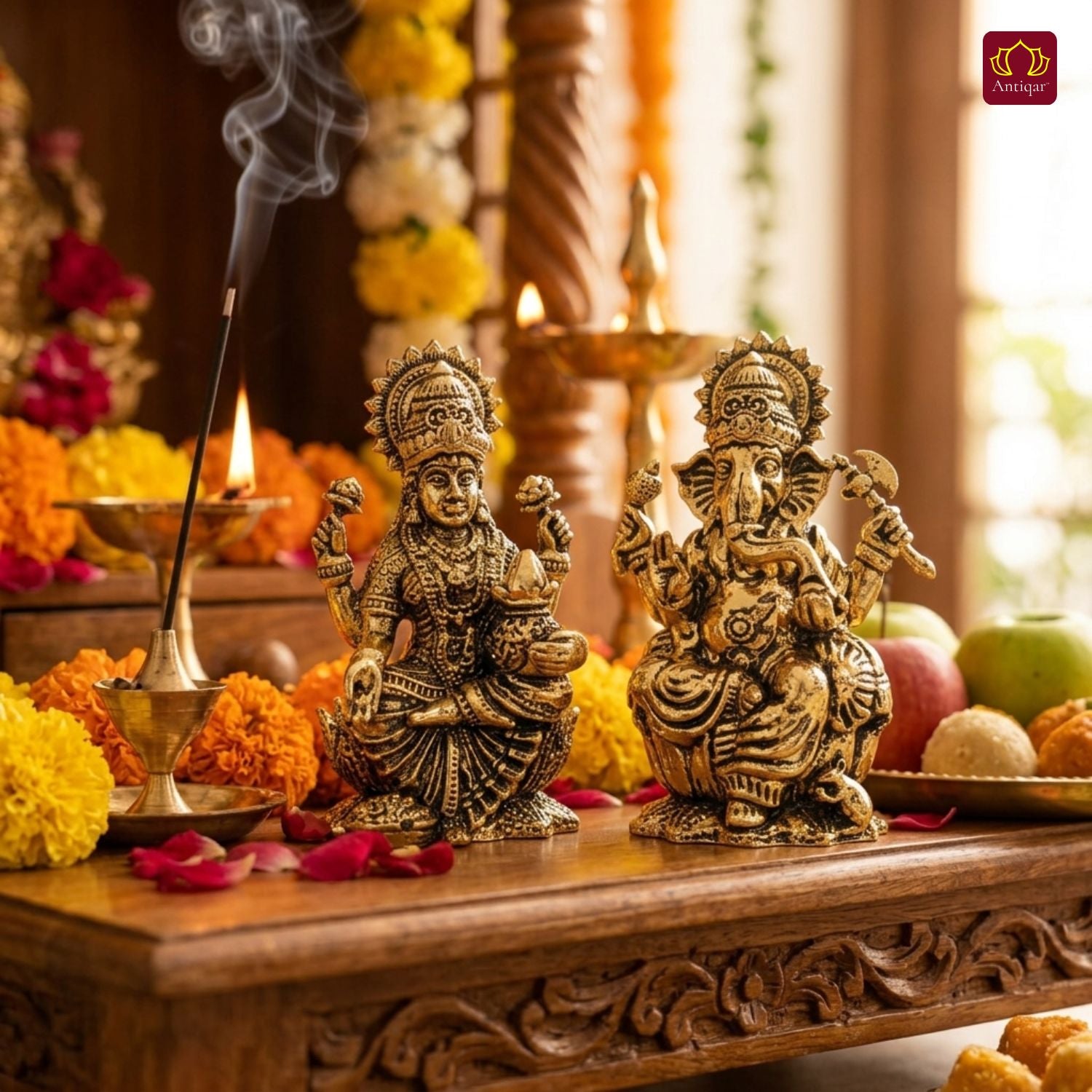 Brass Ganesh Laxmi Pair Idol - 4 cm | Golden Finish | Spiritual Idol for Temple & Home Decor
