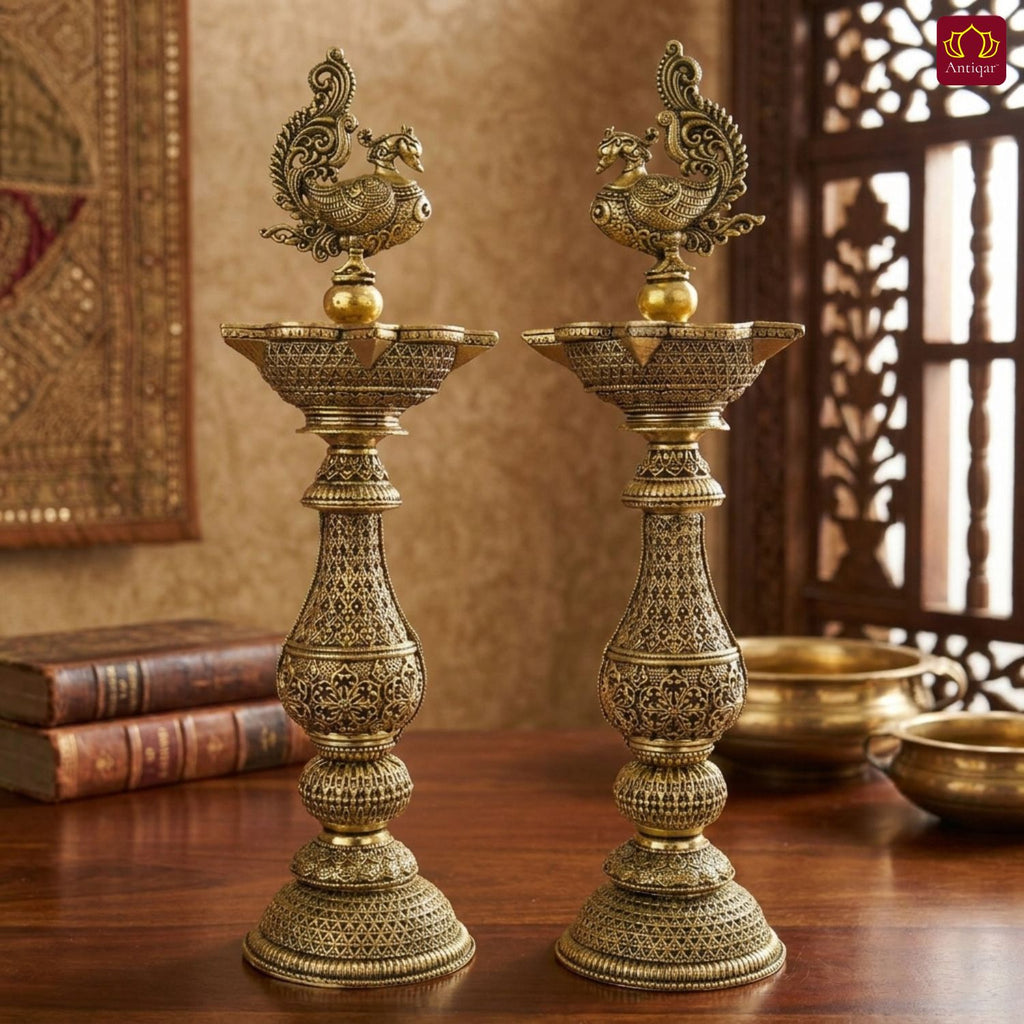 Brass Peacock Oil Lamp –20 cm | Antique Finish | Handcrafted Decor for Temple, Table & Home (Pack of 2)